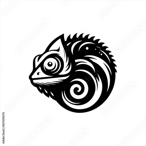 Stylized black and white chameleon illustration
