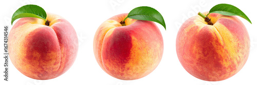 Set Of Realistic Whole Peach with Leaf and Natural Texture, Png
