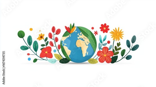 A vibrant illustration of the Earth surrounded by colorful flowers and leaves, symbolizing nature and harmony.