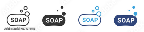 Soap bar and bubbles icon set in outline and flat style , vector illustration.