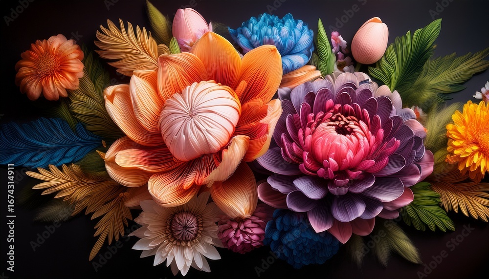Obraz premium colorful floral arrangement featuring vibrant blossoms with soft petals against a dark background