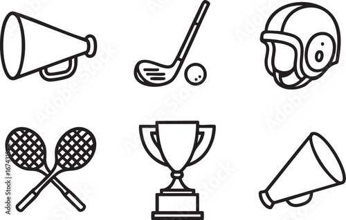 1920s Sports and Leisure Icon Set: 6 Black and White Line Icons of Retro Athletics, Including Vintage Boxing Gloves, Golf Club, and Tennis Racquets.