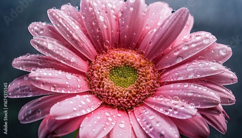 a close up of a pink daisy with water droplets capturing the essence of serenity and vitality