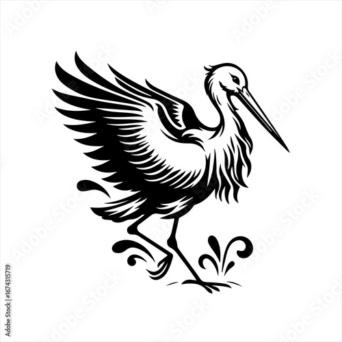 Stylized black and white stork in motion