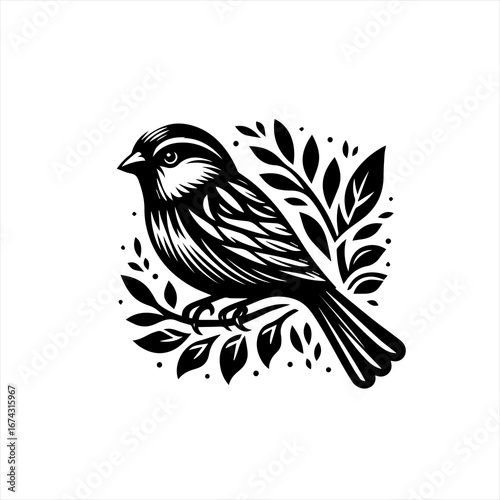 Stylized black and white illustration of a bird perched on a branch with leaves