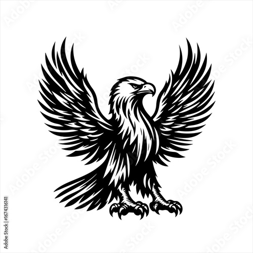 Majestic eagle with wings spread wide in black and white