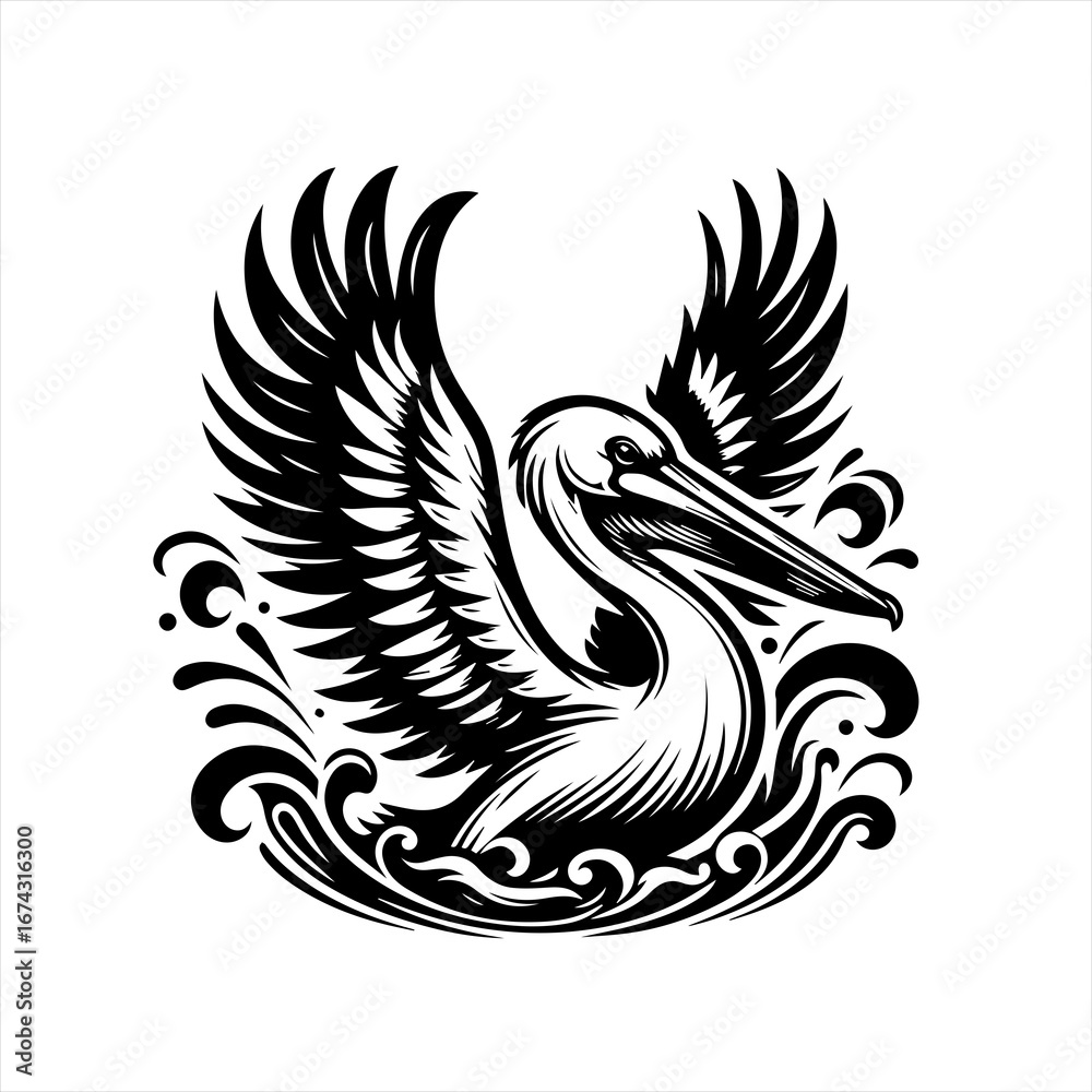 Obraz premium Stylized black and white pelican with wings spread over water
