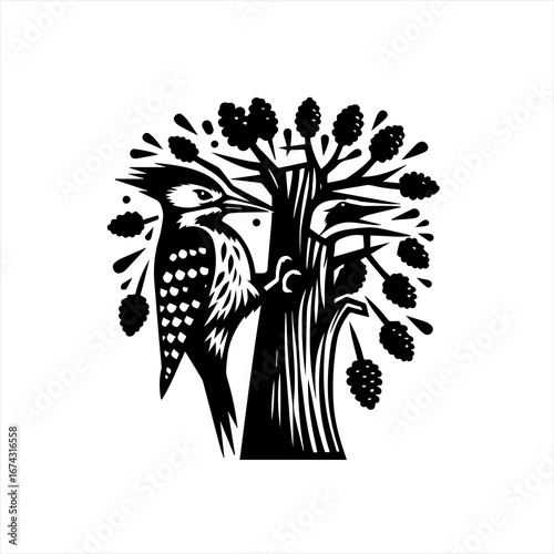 Woodpecker perched on a tree trunk with berries stylized illustration