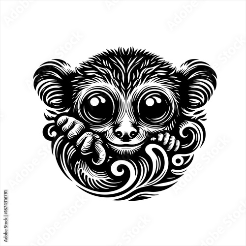 Artistic black and white illustration of a cute tarsier with large eyes