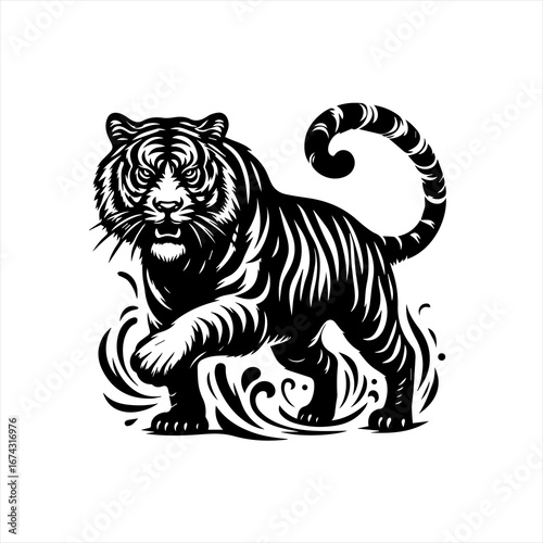Stylized black and white tiger with swirling patterns