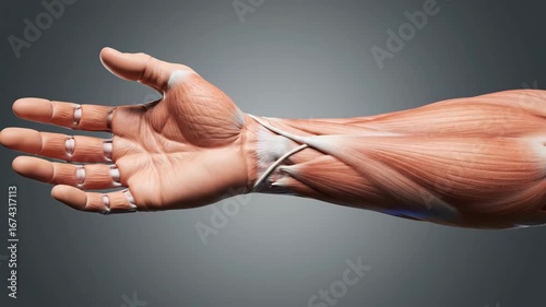 Detailed Anatomical Illustration of Human Forearm and Hand Muscles Performing a Grasping Motion