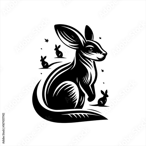 Stylized black kangaroo and joeys with stars on white background