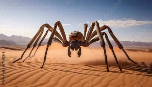 an enigmatic giant spider stands poised in a desert landscape its eight legs spread wide as it surveys its arid domain