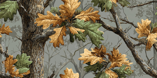 Seamless oak leaf camouflage pattern in green and brown tones, perfect for hunting gear, fabrics, t-shirts, and outdoor design.