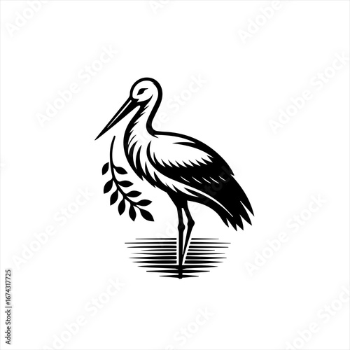 Elegant stork holding a branch with leaves in its beak