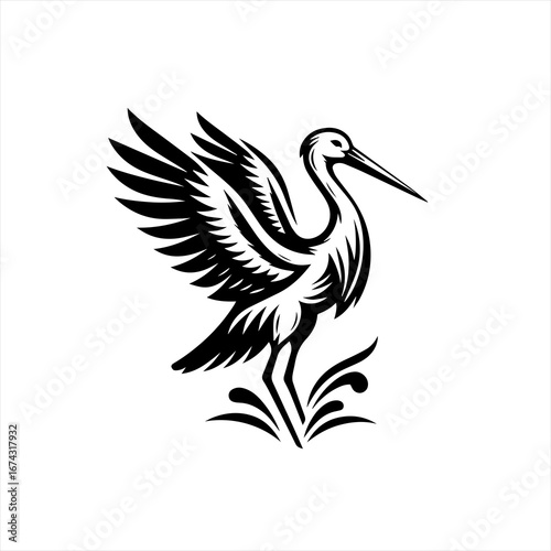Stylized black and white heron with wings spread