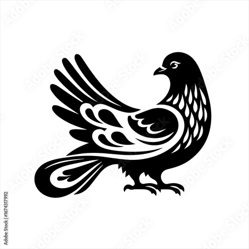 Stylized black pigeon with ornate wings and tail feathers