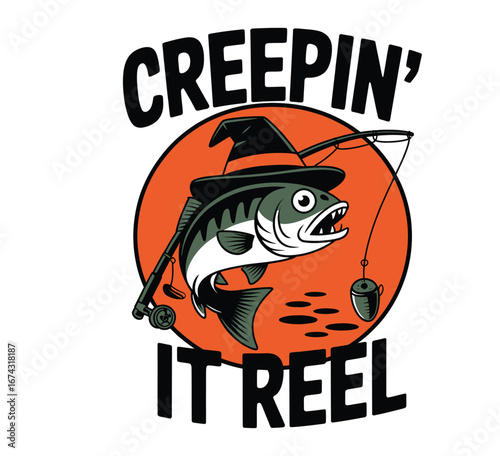Creepin it reel halloween fishing t shirt badge vector isolated on white background