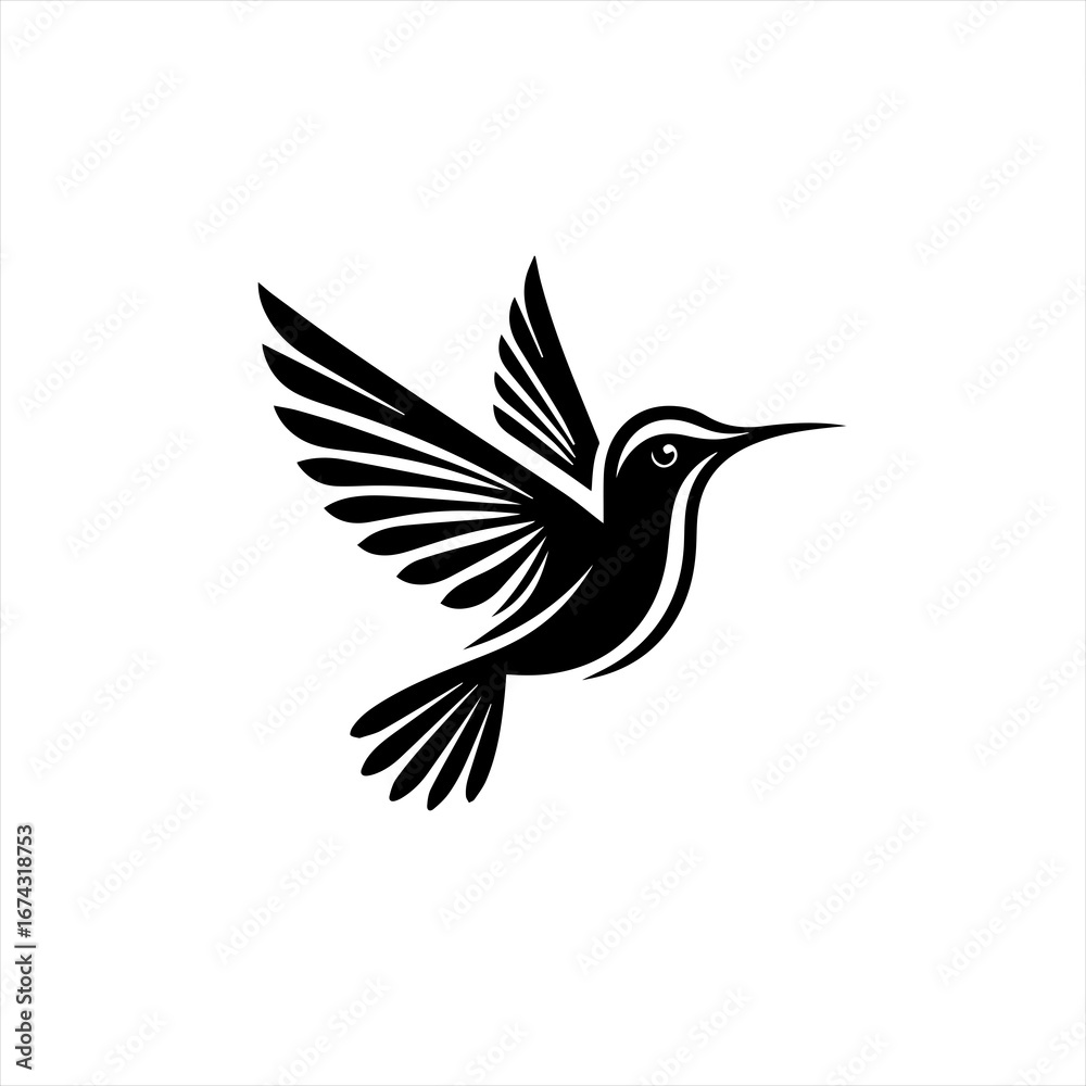 Obraz premium Stylized black hummingbird in flight with wings spread wide