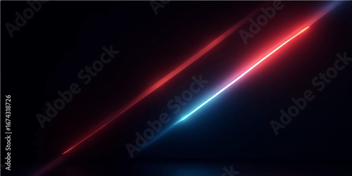Colorful light rays and glowing waves create a dynamic, abstract backdrop in the dark