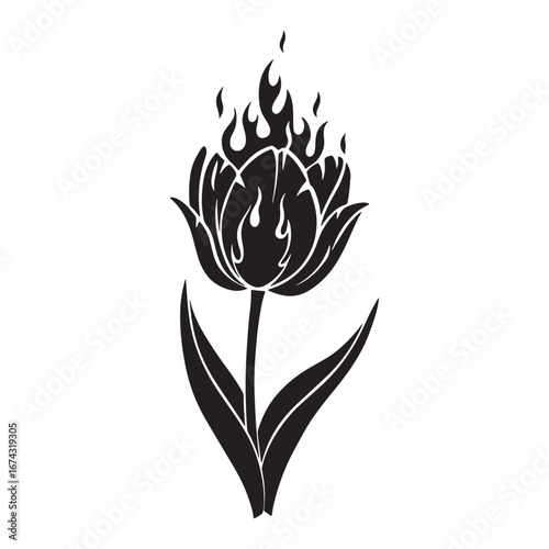 A dramatic black silhouette of a burning tulip flower, a minimalist vector graphic design illustration perfect for a bold emblem or tattoo concept