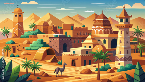 Agadez, Niger, a historic Sahel town with sun-dried clay walls, lively camel markets, and the iconic minaret of the mosque rising proudly above its desert skyline.