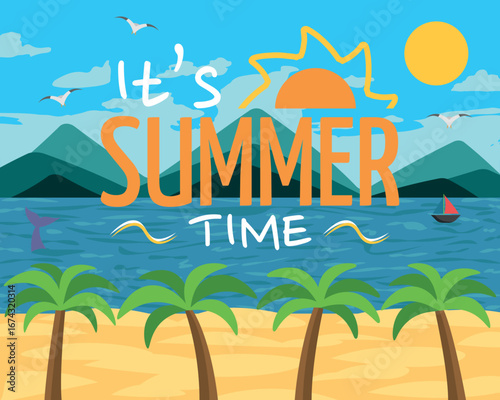It's Summer Time Logo on Beach Landscape Illustration Art - Beautiful Sunny Beach with Palm Trees and Blue Sky.