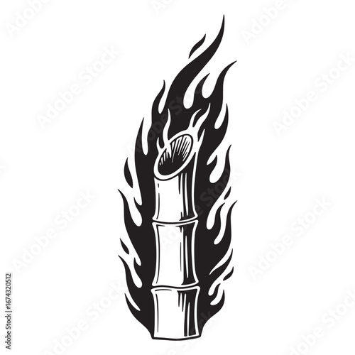 Graphic illustration of bamboo on fire with flames and smoke, vector illustration, symbol of strength and resilience, artistic design element with Asian influence
