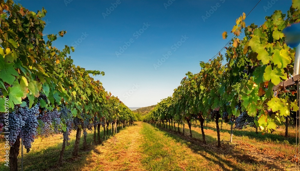 Obraz premium sun drenched rows of ripe grapes hanging heavy on the vine ready for harvest lush green foliage frames the perfect vineyard scene vineyard landscape foliage