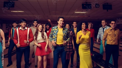Cheerful people in retro outfits pose at bowling alley, smiling