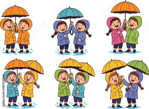 Cartoon kids sharing umbrellas in rain, rainy day friendship illustration, happy children clipart, colorful raincoat vector, outdoor monsoon fun scene.