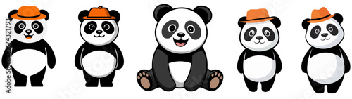 A panda bear cartoon character set with a transparent background, Cute Panda Bear Animal  Drawing Vector set.