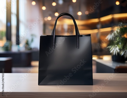 Wallpaper Mural black paper bag shopping bag retail luxury modern elegant handle empty table store soft light stylish minimalistic sophisticated calm Torontodigital.ca