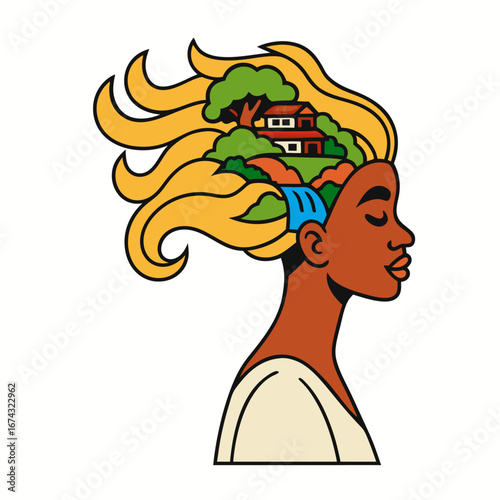 Golden-haired muse with flowing locks becoming a pagoda valley, pines and cherry blossoms under clear sky