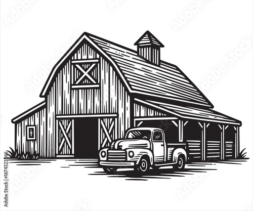 Vintage Barn with Pickup Truck Vector