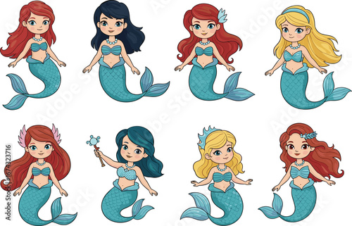 Cute cartoon mermaid characters collection, fantasy ocean girls with different hairstyles and accessories, vector illustration for kids, design, and fairytales