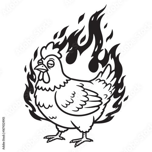 Funny cartoon chicken on fire with a bored expression. Black and white vector illustration graphic design element for stickers or logos