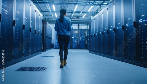 Woman walking through a server room