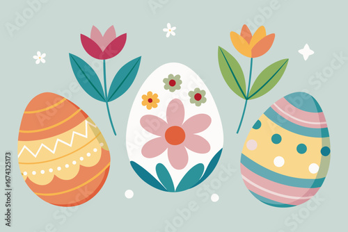 Vibrant Easter eggs adorned with cheerful flowers and festive patterns create a delightful springtime celebration scene perfect for holiday greetings and seasonal decor projects.