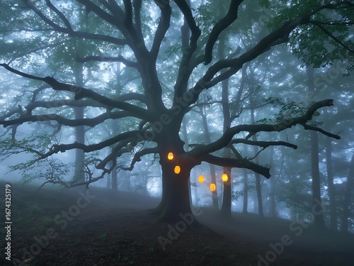 Enchanted ancient oak tree with glowing lanterns in a misty forest at twilight