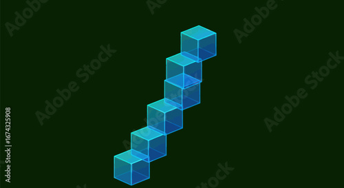 Abstract blue translucent cubes arranged diagonally on a dark background.