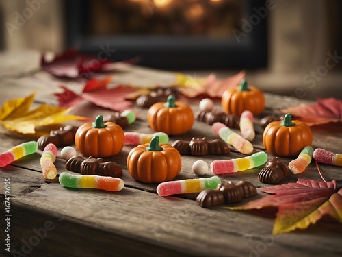 Autumn harvest candy assortment with pumpkins and fall leaves by fireplace