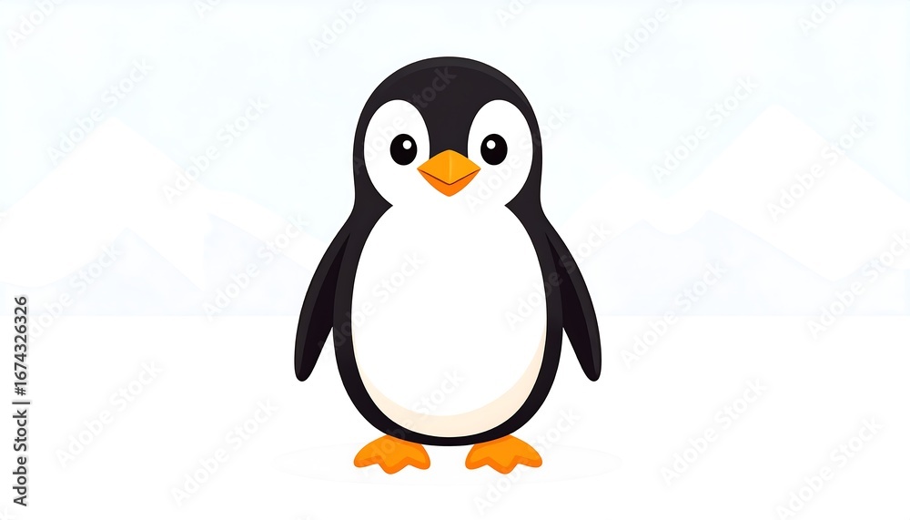 Naklejka premium Cartoon penguin illustration standing against a white, snowy, mountain backdrop