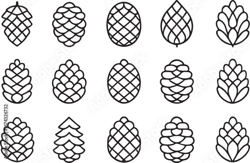 Collection of Stylized Pine Cones in Line Art