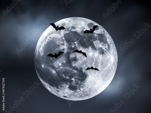 Spooky bats flying in front of a full moon on halloween night