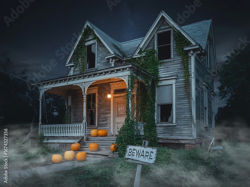 Creepy abandoned victorian house at night with pumpkins and fog