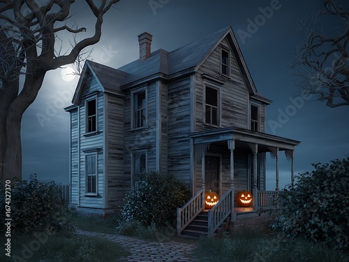 Spooky old haunted house with glowing jack o lanterns on halloween night