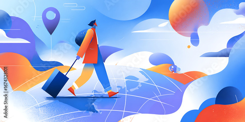 Person traveling with luggage, abstract world map background