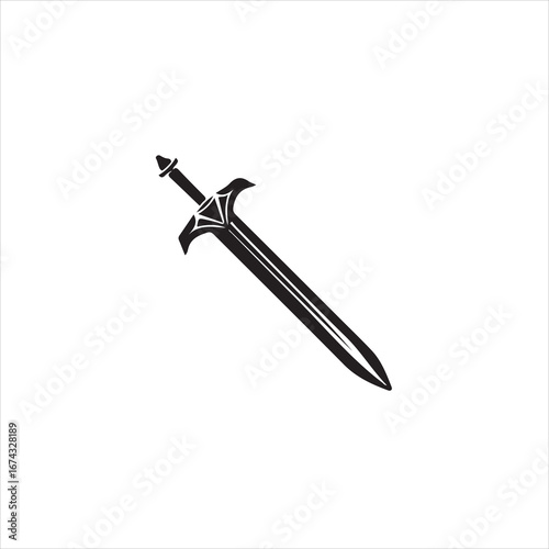 A black sword with a sharp blade isolated on white background