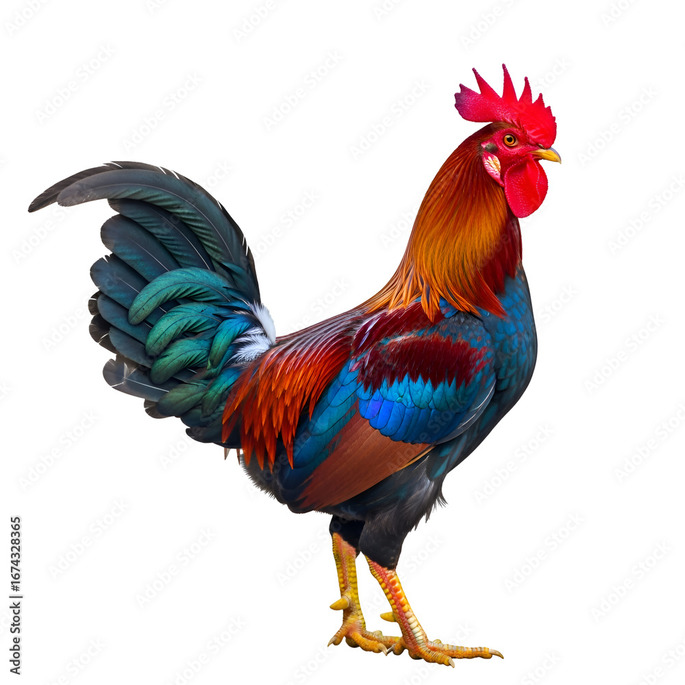Fototapeta premium Rooster Displays Vibrant Plumage on Transparent Background, Colorful Bird with Striking Feathers, Vivid Colors against Black.